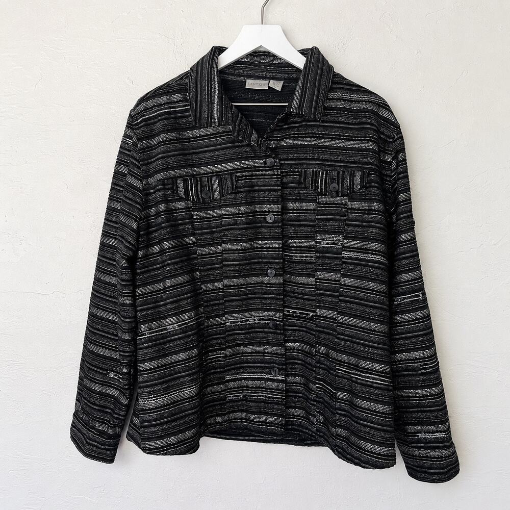 Chico’s Black Silver Metallic Striped Textured Shirt Jacket Size 3 XL